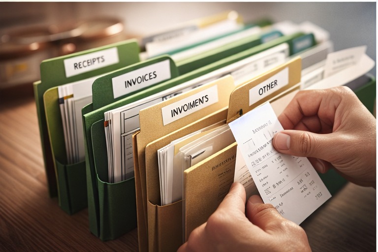 Receipts being organised into labelled cream folders with sage green tabs